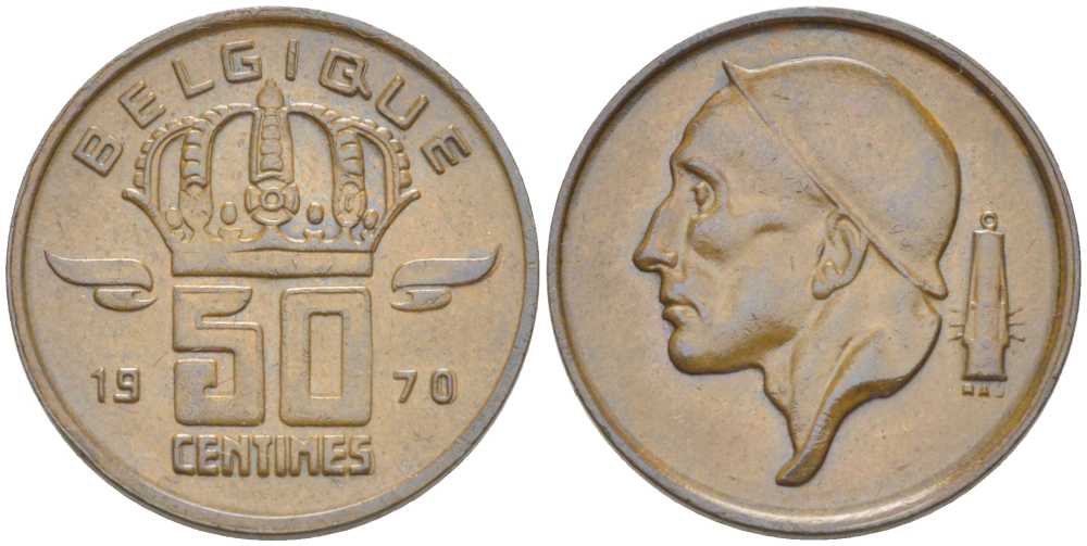 БЕЛЬГИЯ 50 САНТИМОВ 1970 BELGIQUE, БОДУЭН I (1951-1993) KM 148.1 бронза 214-458
