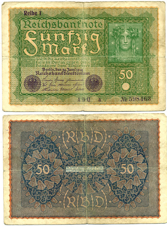 ГЕРМАНИЯ 50 МАРОК 1919 24 ИЮНЯ 1919, REIHE I, СЕРИЯ ADQ, ВЫПУСК С НОЯБРЯ 1919 ГОДА Pick 66, Rosenberg 62аа бумага 3295-111-2-1