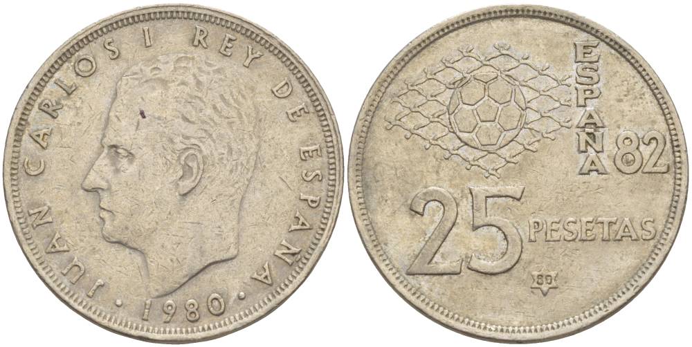 Испания 25 песет 1980 (80) чемпионат мира по футболу в Испании 1982 года, Хуан Карлос I (1975-) KM 816 медно-никель 4551-1011