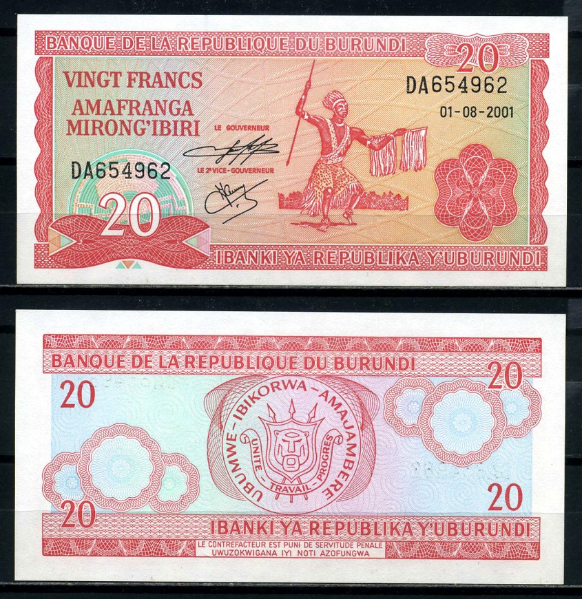 Бурунди 20 франков 2001 1 августа 2001 Pick 27d бумага UNC (пресс) 6317-21-2-2