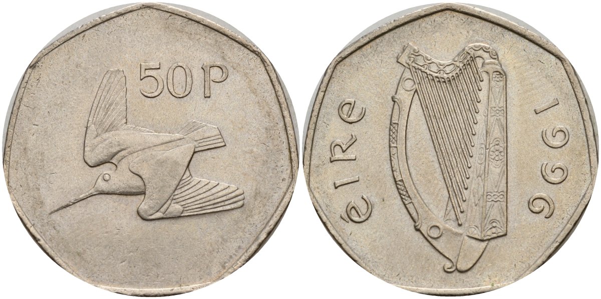 Ирландия 50 пенсов 1996 Вальдшнеп KM 24 медно-никель 4140-412