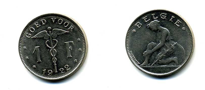 БЕЛЬГИЯ 1 ФРАНК 1922 BELGIE KM 90 никель 58-1227