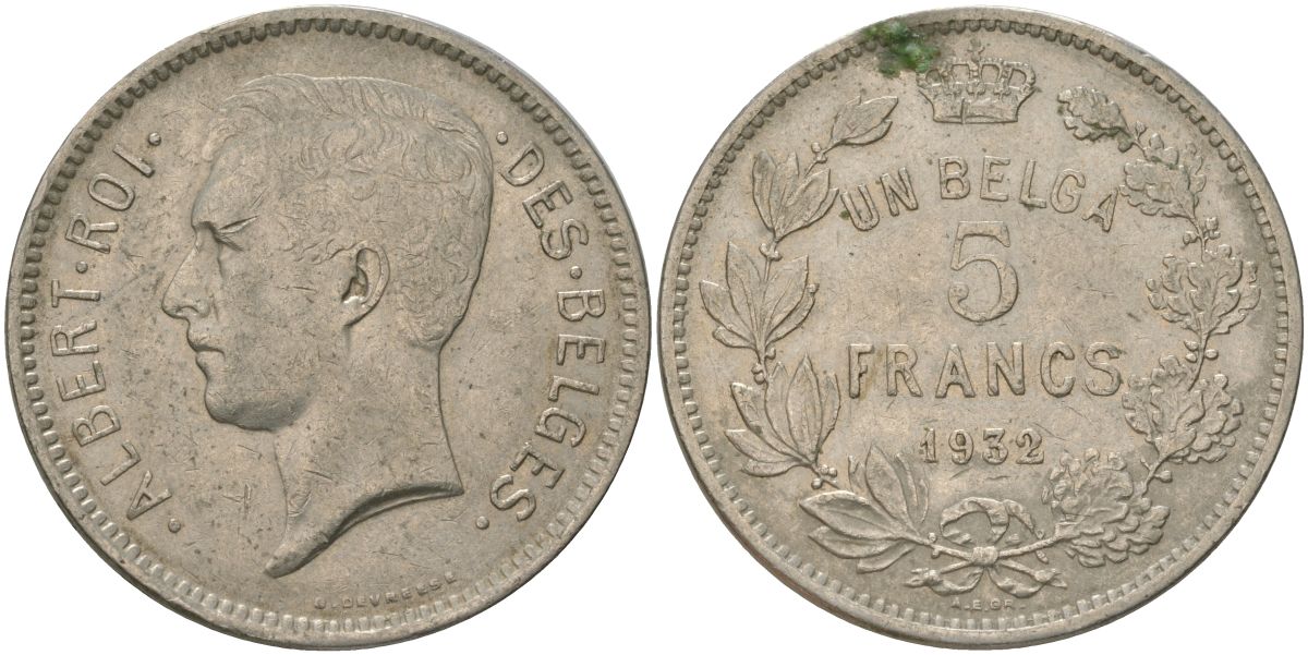 Бельгия 5 франков 1932 Belges, Альберт I (1909-1934) KM 97 никель 4157-1124