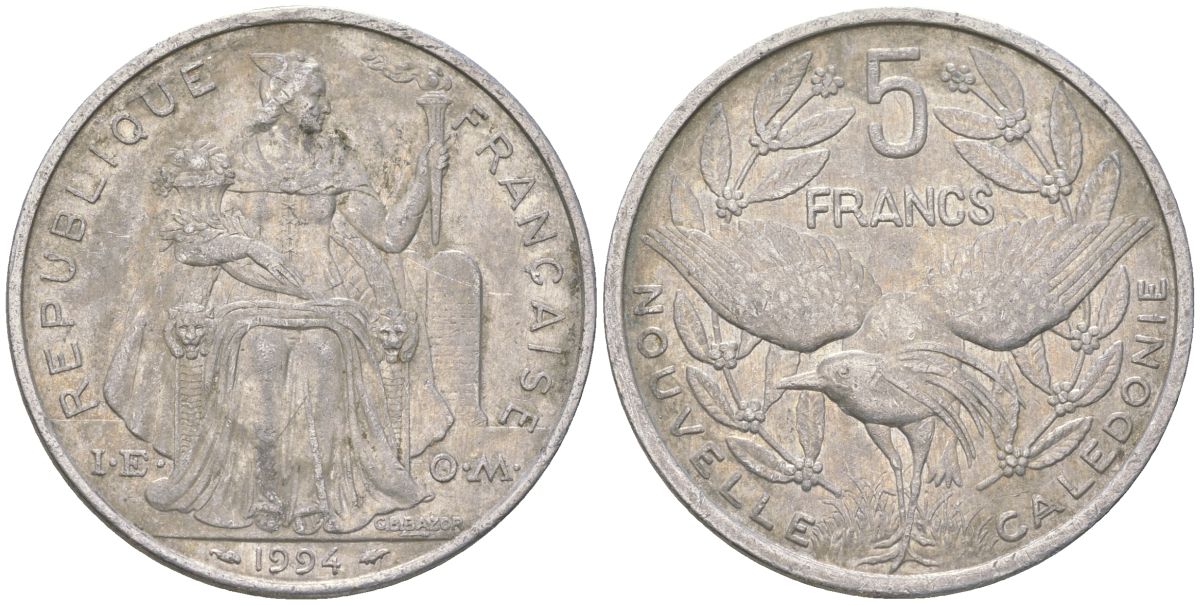 Французская Новая Каледония 5 франков 1994 птица кагу, (IEOM) KM 16, Schoen 12, Lec 81 алюминий 189-143