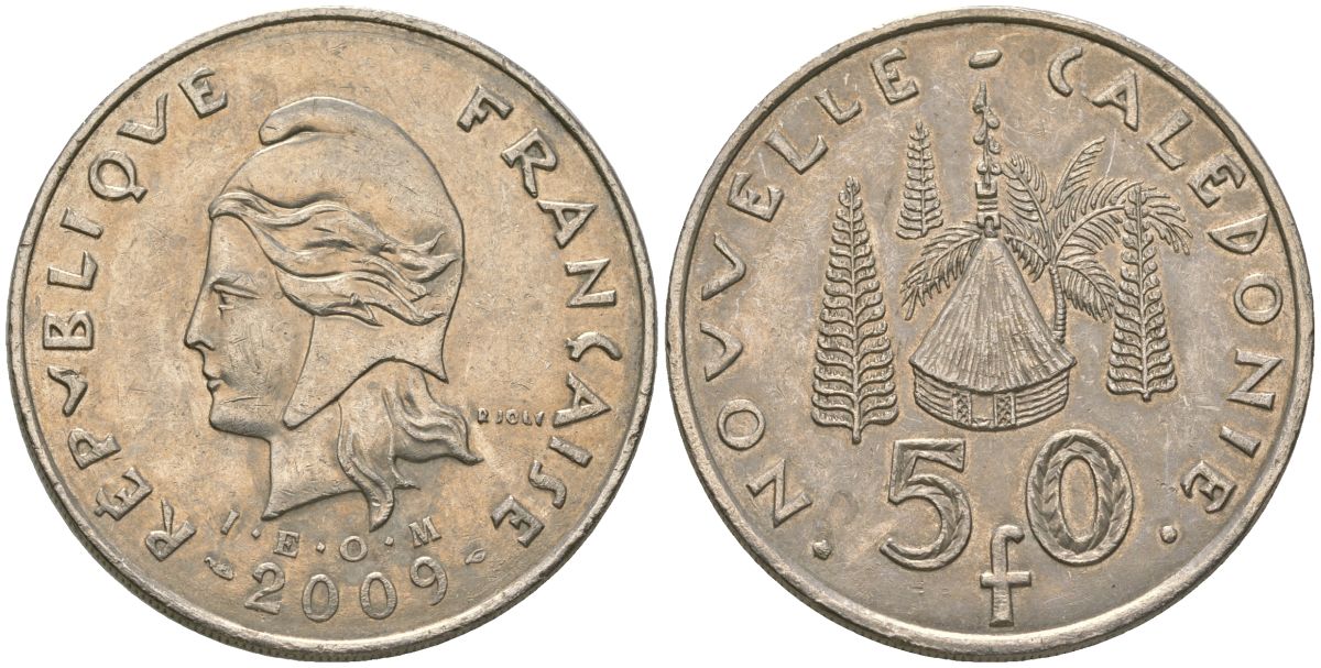 Французская Новая Каледония 50 франков 2009 хижина среди сосен и пальм, (IEOM) KM 13a, Schoen 15a, Lec 128i медно-никель 115-1013