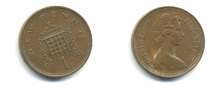 Великобритания 1 пенни 1974 Елизавета II (1952-2022) KM 915, Spink 4237 (B1) бронза 177-1115