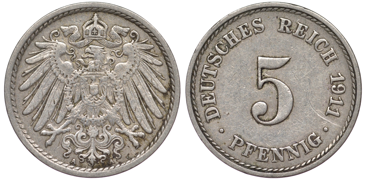 Германия 5 пфеннигов 1911 A KM 11, J. 12, Weege 6 медно-никель 25-1836