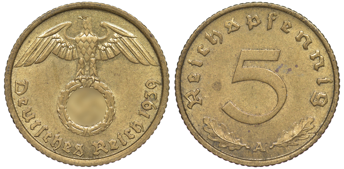 Германия 5 рейхспфеннигов 1939 A KM 91, J. 363 алюминиевая бронза 4602-1262