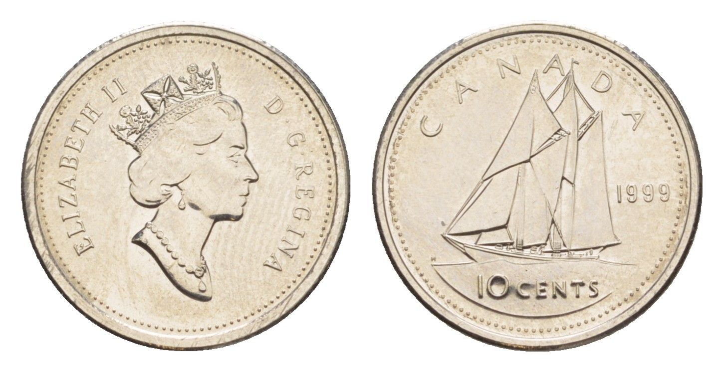 Канада 10 центов 1999 Елизавета II (1952-2022), парусник KM 183 никель UNC 4639-663