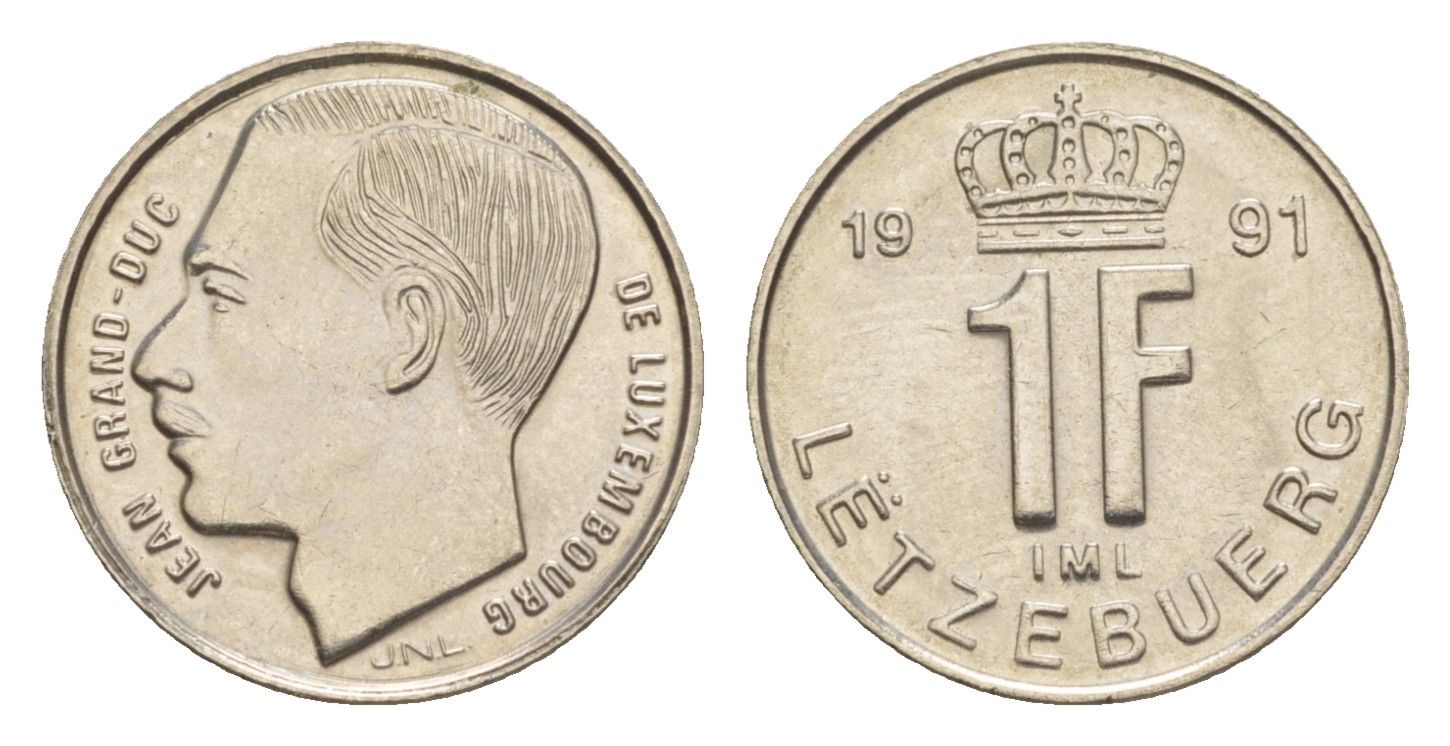 Люксембург 1 франк 1991 Герцог Жан (1964-1999) KM 63 сталь плакированная никелем UNC 4643-557