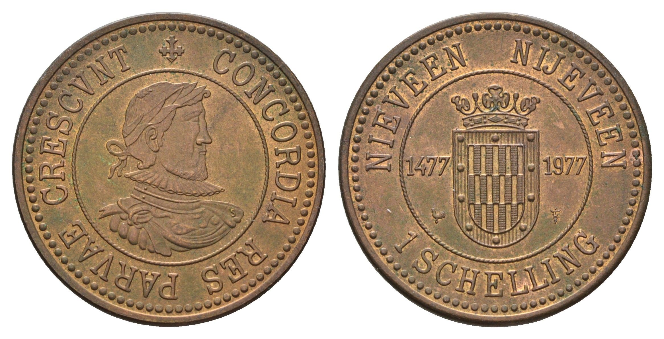 Нидерланды, Ниджевен муниципальный жетон - 1 шеллинг 1977 диаметр 30 мм, вес 9,1 гр томпак 189-1045