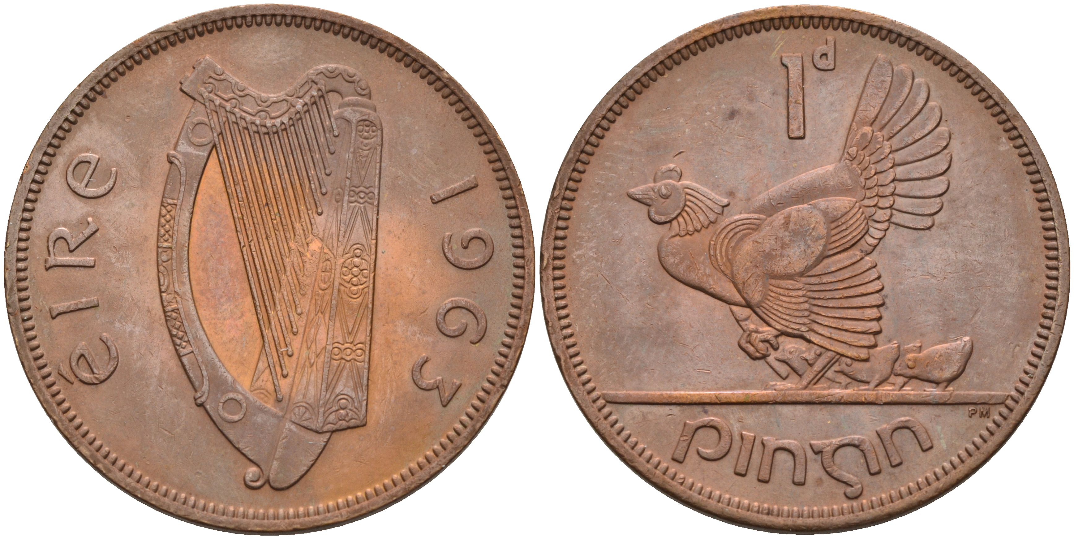 Ирландия 1 пенни 1963 курица с цыплятами KM 11 бронза 4367-1224