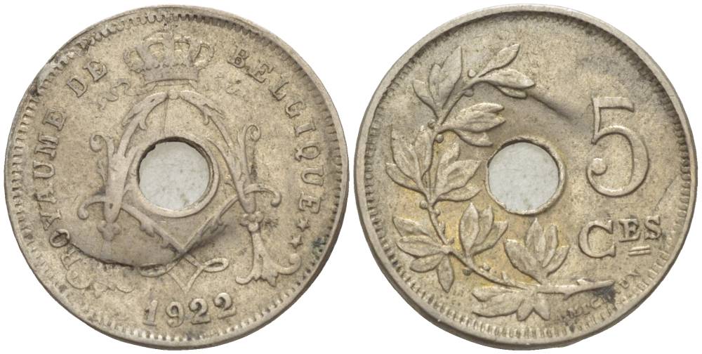БЕЛЬГИЯ 5 САНТИМОВ 1922 BELGIQUE KM 66 медно-никель 4551-924