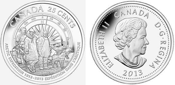 Канада 25 центов 2013 100 лет со дня Канадской арктической экспедиции KM 1547 никелированная сталь UNC M47-04