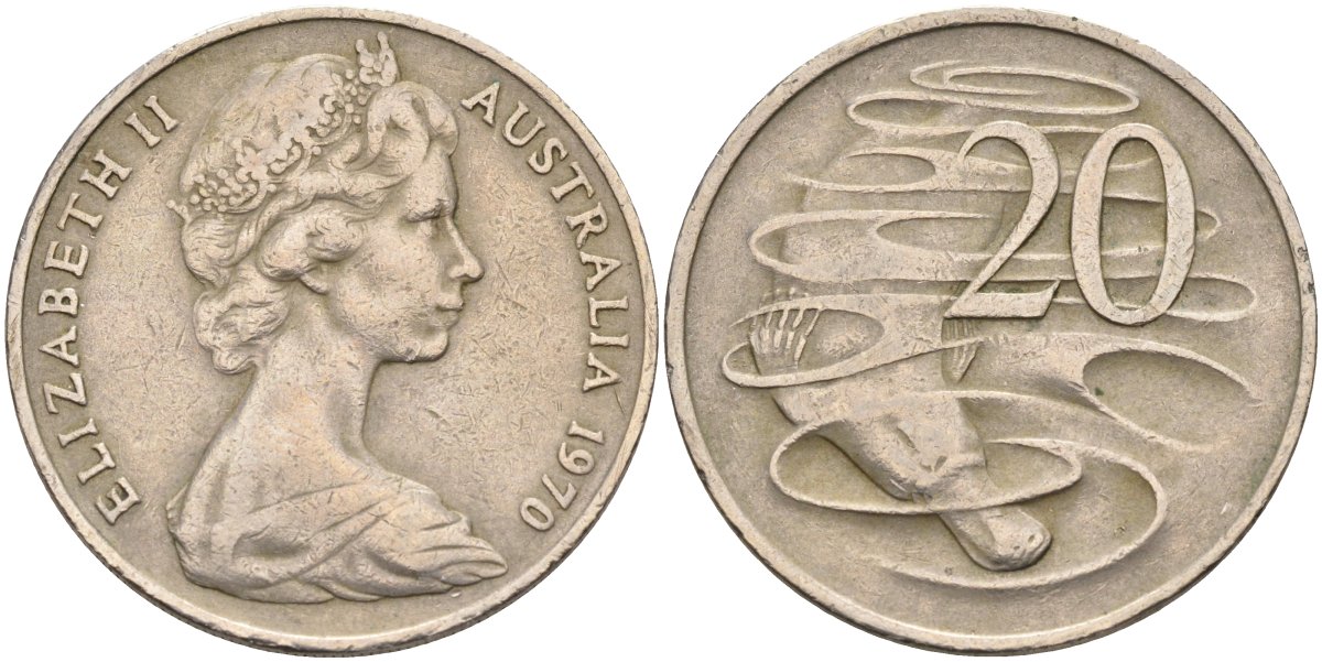 Австралия 20 центов 1970 Елизавета II (1952-2022), утконос KM 66 медно-никель 4131-846