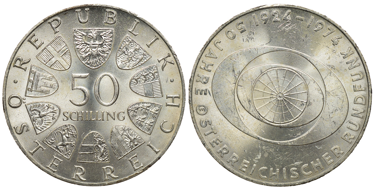 Австрия 50 шиллингов 1974 50 лет Австрийскому телевидению KM 2922 серебро 413-4413