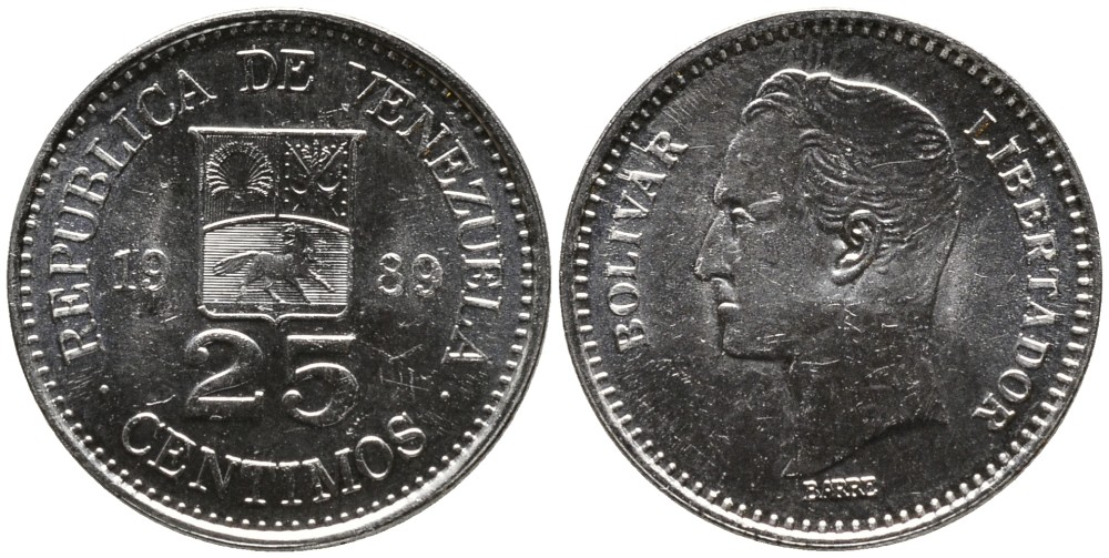 Венесуэла 25 сентимо 1989 Симон Боливар KM 50а никелированная сталь 4532-267