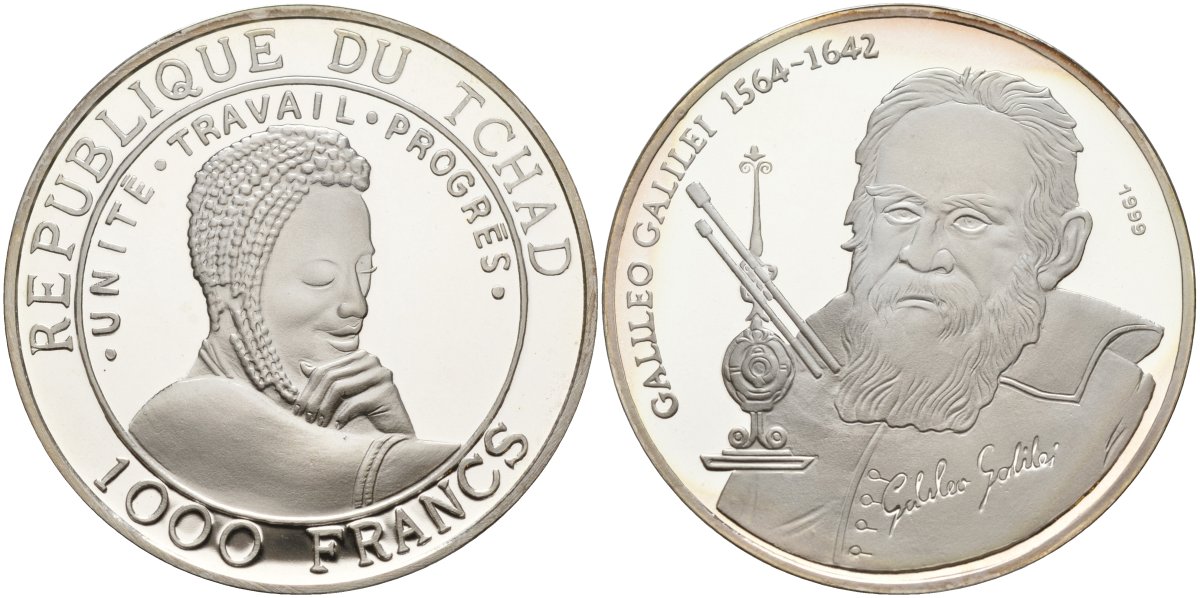 Чад 1000 франков 1999 Галилео Галилей (1564-1642) KM 16 серебро PROOF 00-000-00