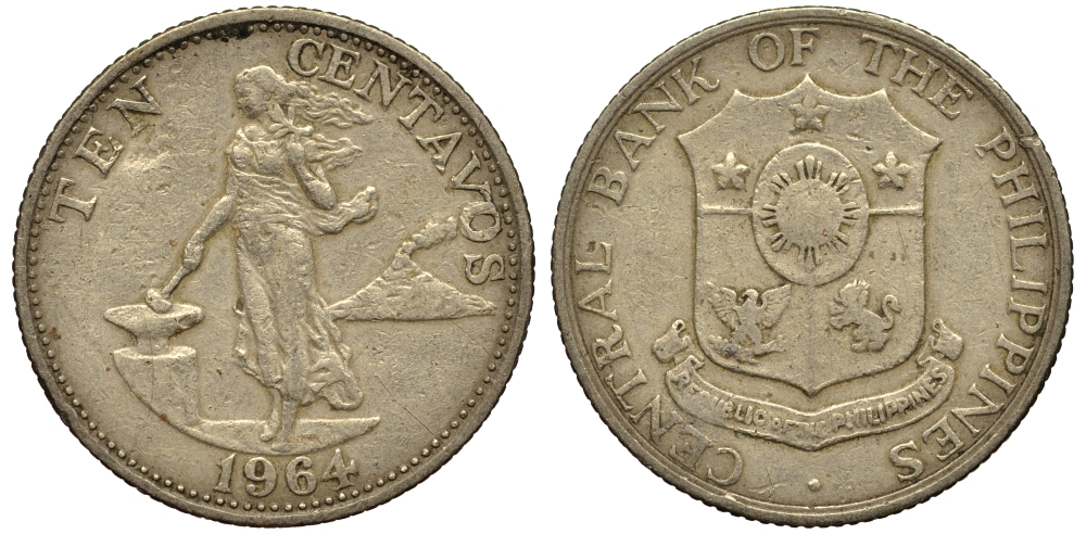 ФИЛИППИНЫ 10 СЕНТИМО 1964 KM 188 медь цинк никель VG 4181-269