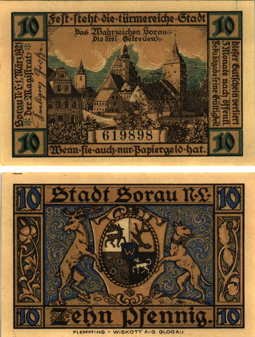 ЗОРАУ (ЖАРЫ) 10 ПФЕННИГОВ 1921 НОТГЕЛЬД, 1 МАРТА 1921, ЗЕМЛЯ БРАНДЕНБУРГ (ПОЛЬША) Grabowski 1247.1а бумага 8608-13-2-2