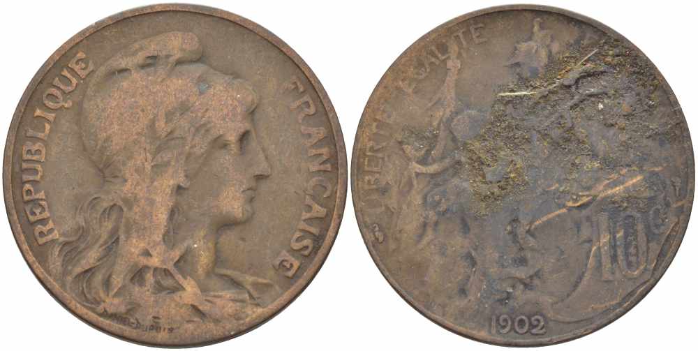ФРАНЦИЯ 10 САНТИМОВ 1902 ТИП ДАНИЭЛЬ ДЮПЮИ KM 843, LA FRANC 136.12 бронза 109-145