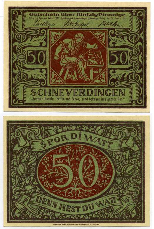Германия, Шневердинген 50 пфеннигов 1922 SCHNEVERDINGER SPARKASSE, нотгельд Grabowski 1193.2  бумага  UNC (пресс) 7221-4-1-1