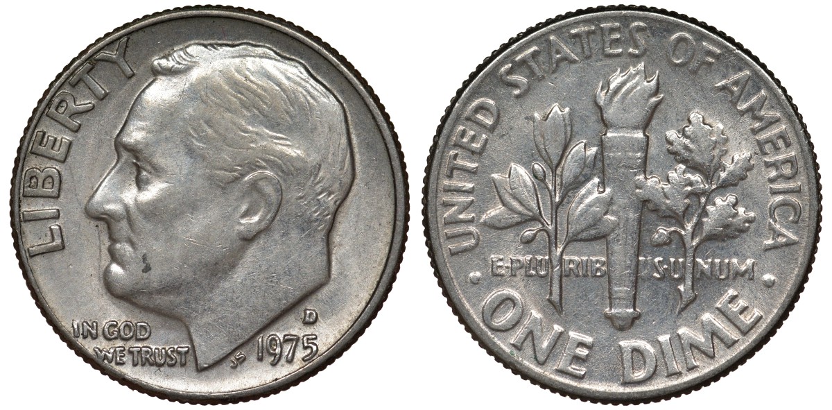 США 10 центов = дайм 1975 D, Рузвельт KM 195а медь плакированная медно-никелем 4124-446