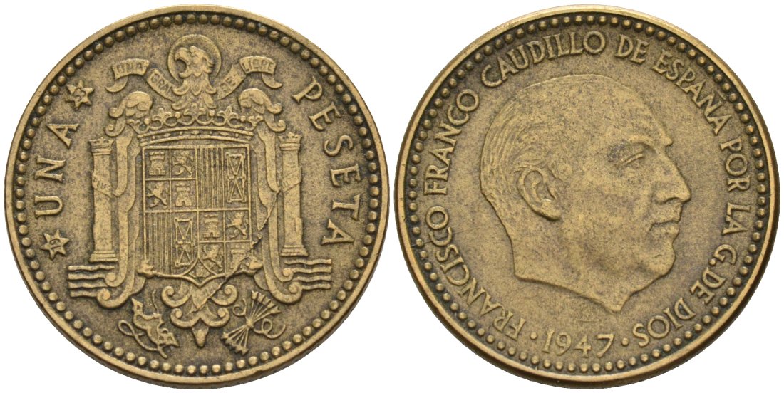 Испания 1 песета 1947 (53) Франсиско Франко (1939-1975) KM 775 алюминиевая бронза 4571-1124