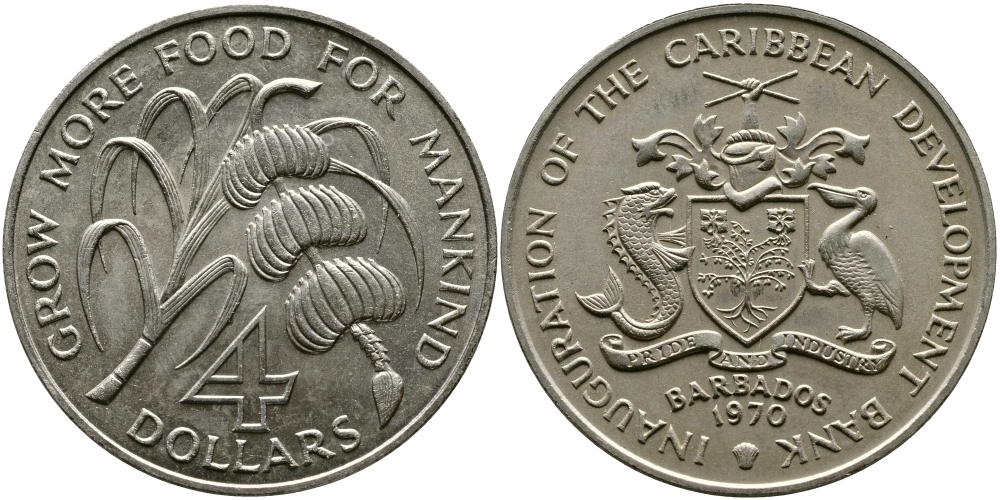 Барбадос 4 доллара 1970 FAO, открытие Карибского Банка Развития KM А9 медно-никель UNC 00-000-00