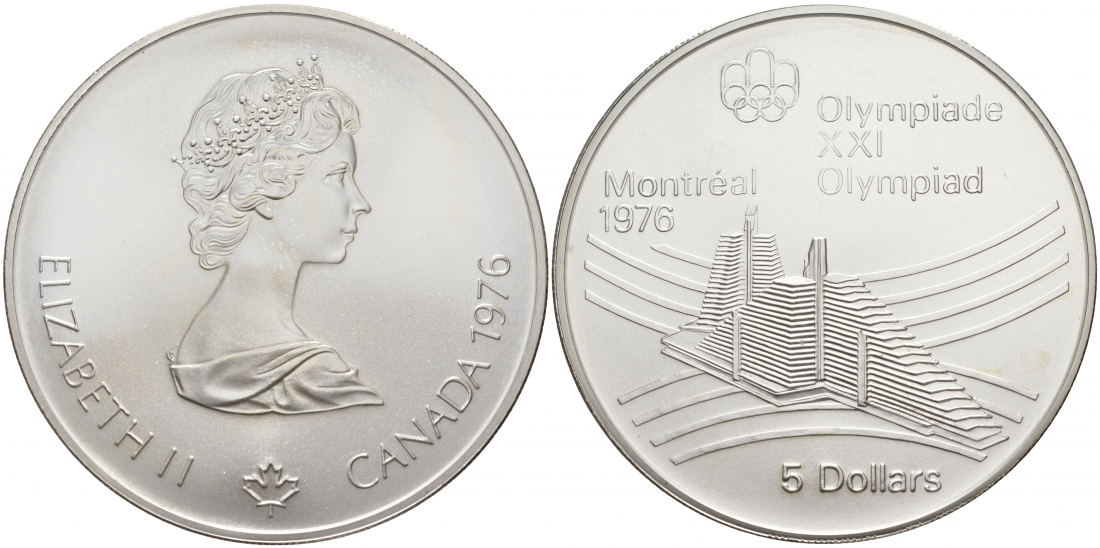 Канада 5 долларов 1976 XXI летние Олимпийские игры в Монреале 1976 года, Олимпийская деревня KM 109 серебро UNC 00-00-00