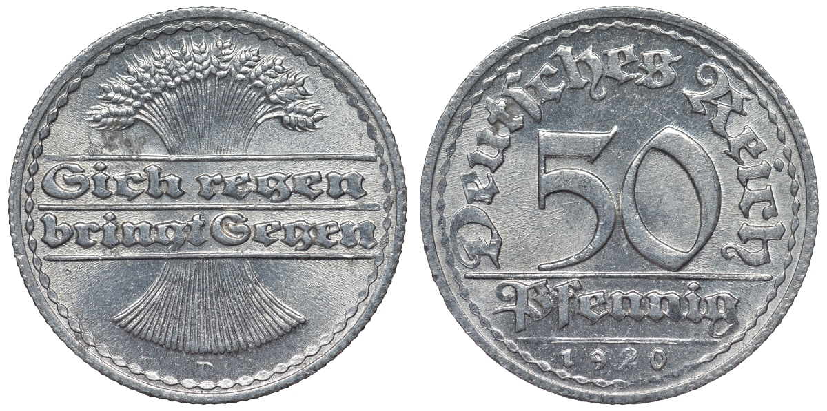Германия 50 пфеннигов 1920 D KM 27, J. 301, Weege 10 алюминий 4119-517