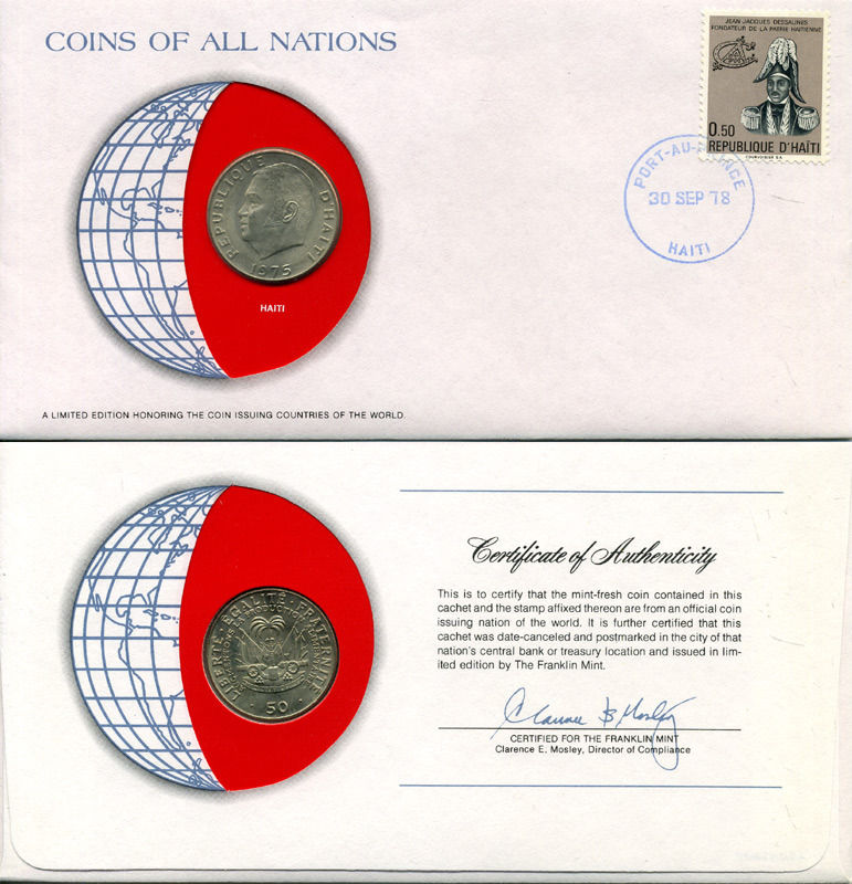 Гаити 50 сантимов 1975 конверт с маркой первого дня гашения, Coins of Nations, FAO, Президент Жан-Клод Дювалье KM 101а медь никель цинк UNC 4294-44-3