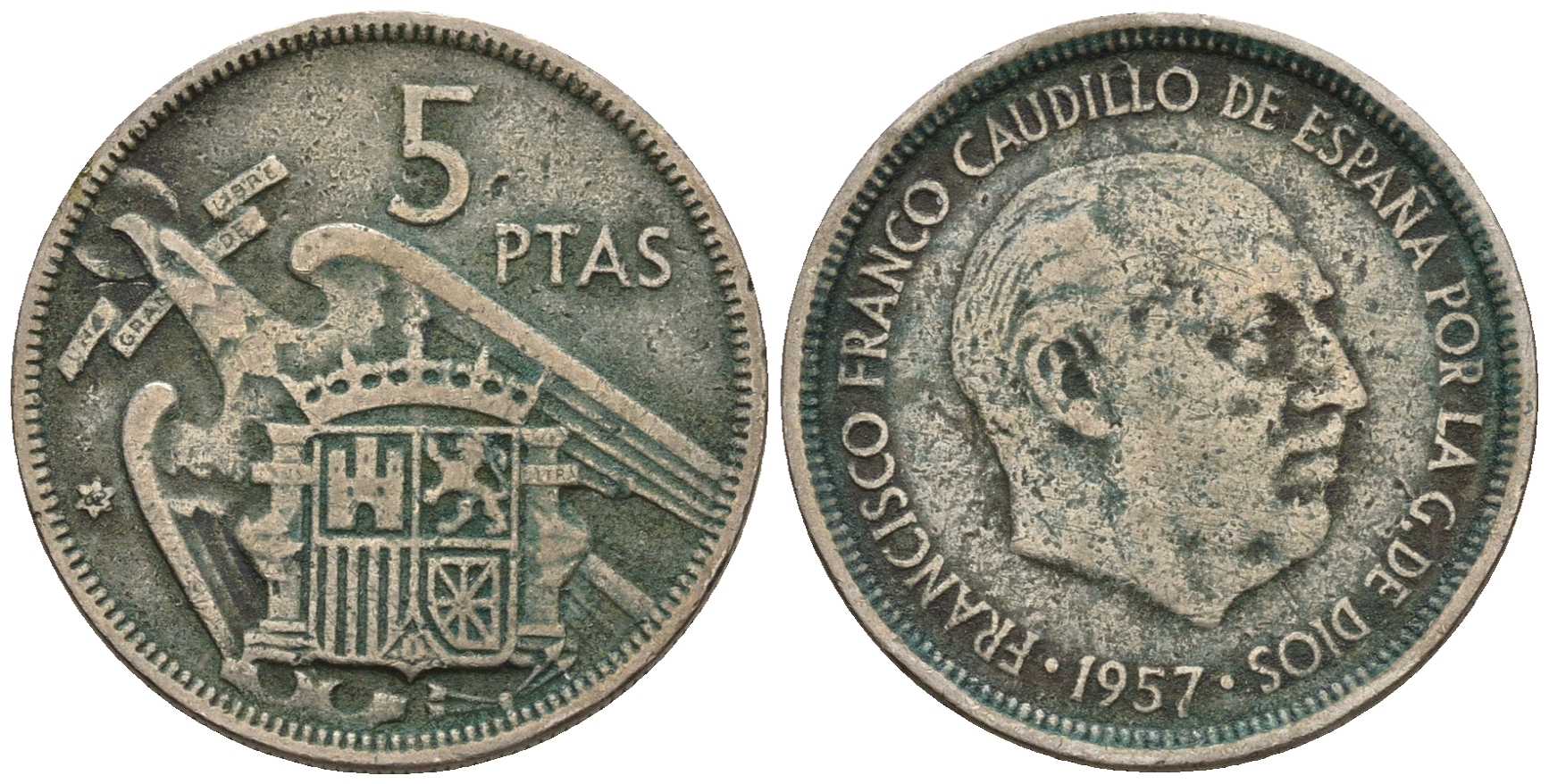 Испания 5 песет 1957 (62) Франциско Франко (1939-1975) KM 786 медно-никель 259-324