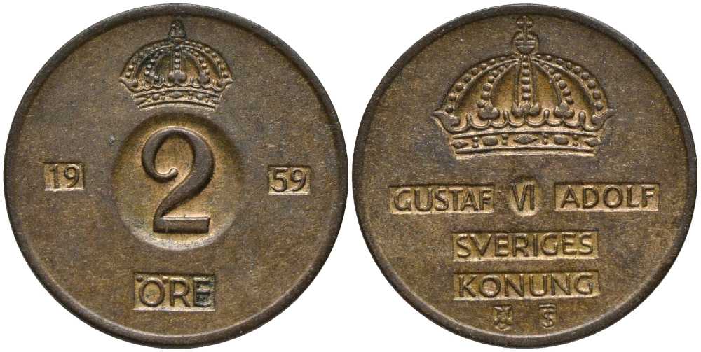 Швеция 2 эре 1959 TS, Густав VI Адольф (1950-1973) KM 821 бронза 202-637