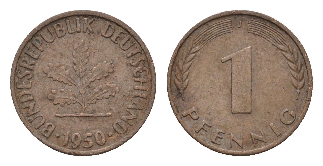 ФРГ 1 пфенниг 1950 J KM 105, J.380 сталь плакированная медью 4669-316