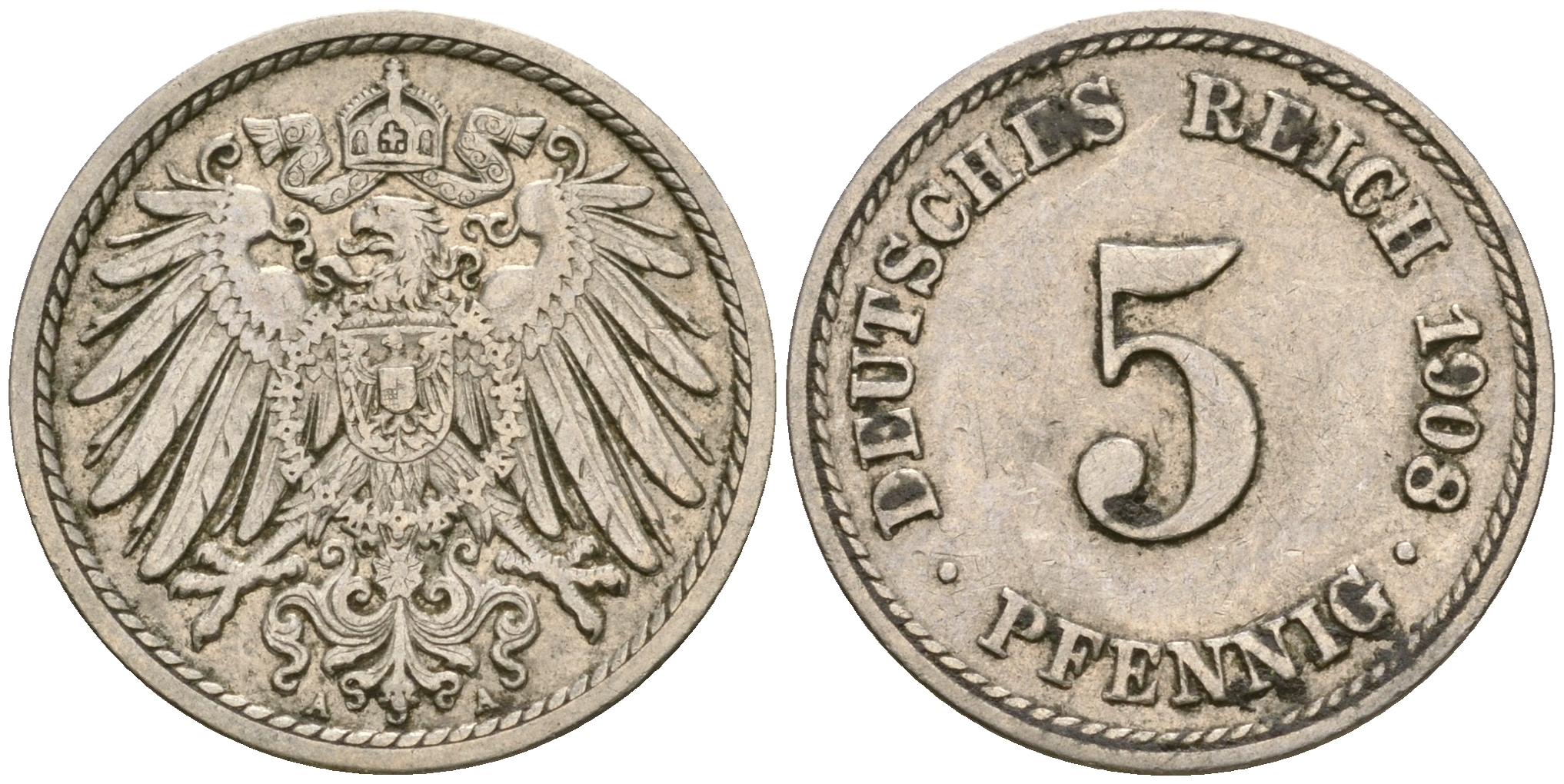 Германия 5 пфеннигов 1907 A, KM 11, J. 12 медно-никель 4364-3669