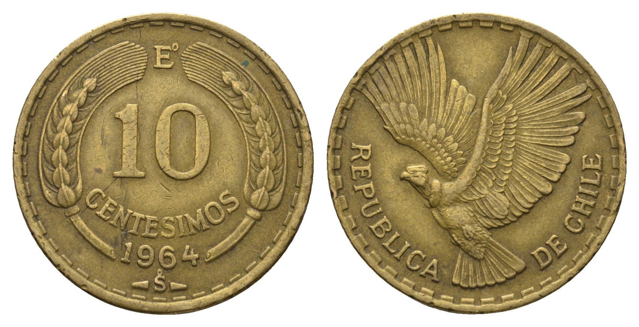 Чили 10 сентесимо 1964 E KM 191 алюминиевая бронза 4663-722