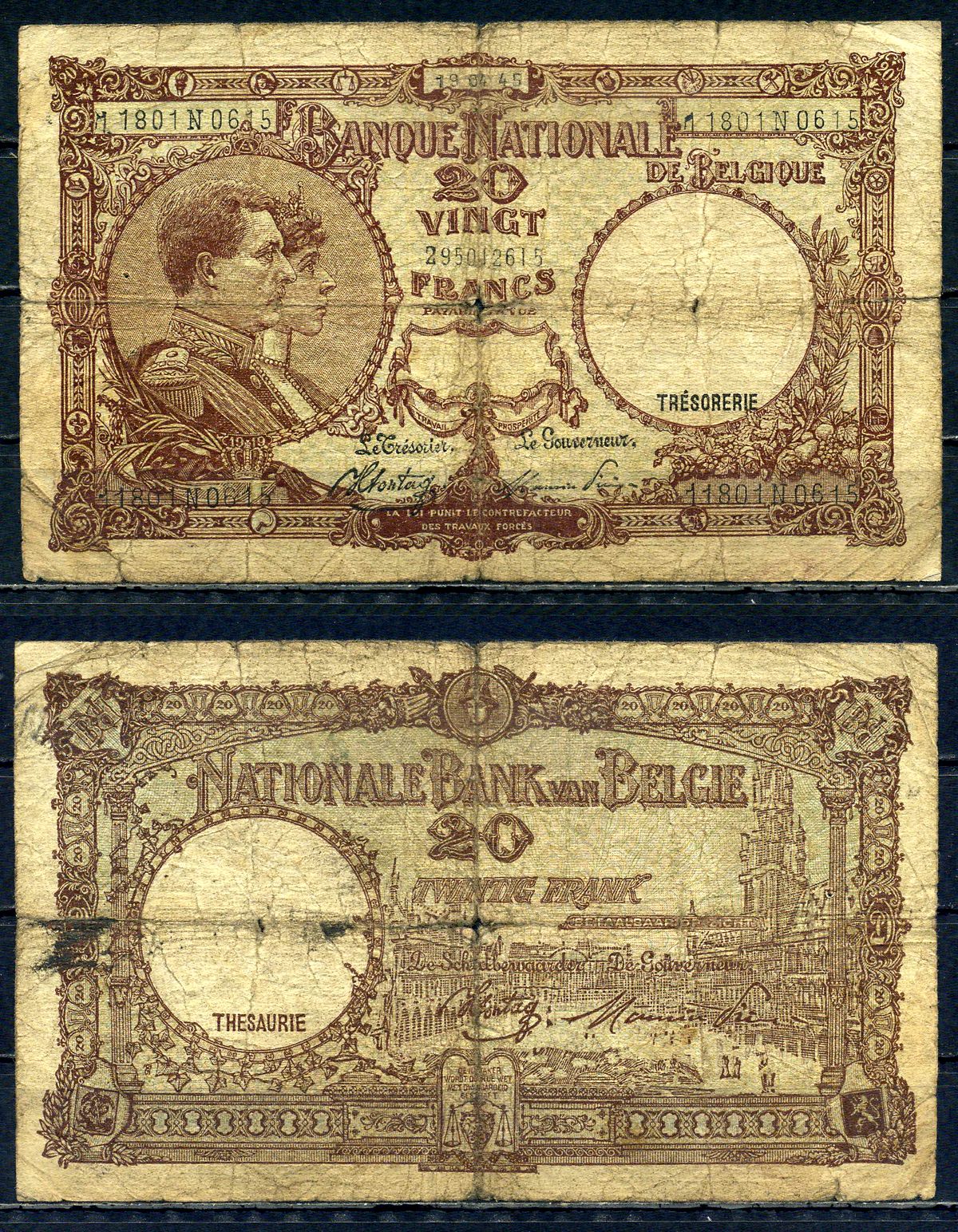 Бельгия 20 франков 1945 19.04.1945, Король Альберт I и его жена Королева Елизавета, Гран-Плас / Гроте Маркт, Брюссель Pick 111 (3) бумага 6301-15-3-2