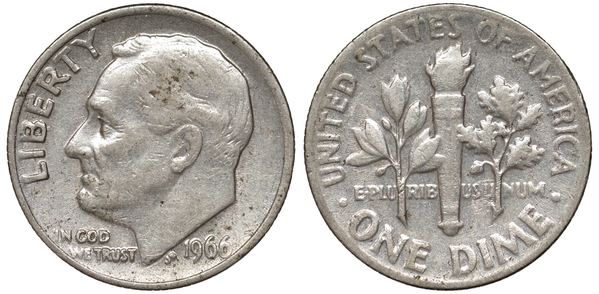 США 10 центов = 1 дайм 1966 Рузвельт KM 195a медь плакированная медно-никелем 4174-127