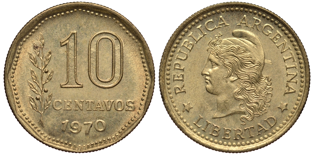 Аргентина 10 сентаво 1970 голова свободы влево KM 66 алюминиевая бронза XF-UNC 4181-218