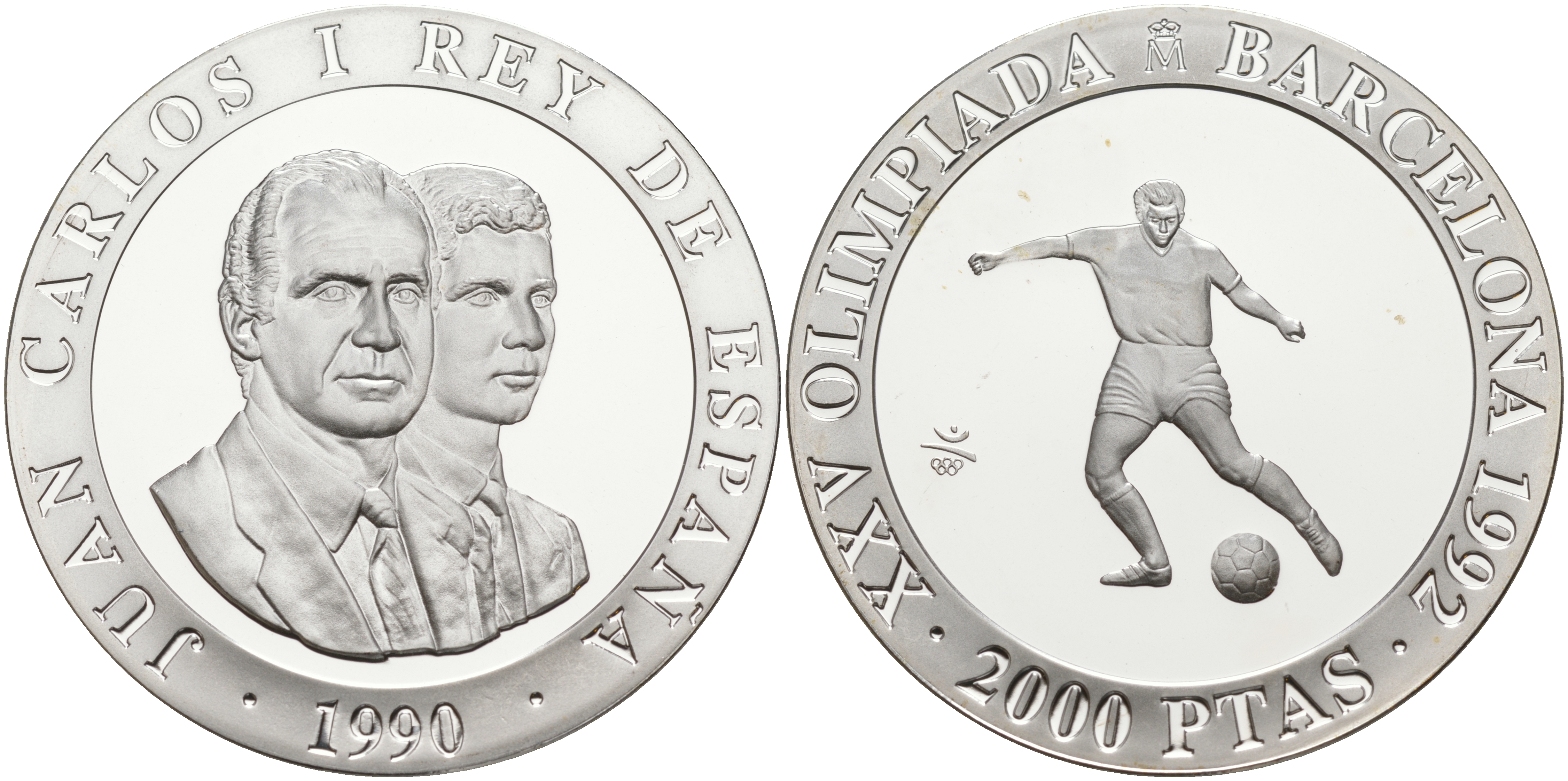 Испания 2000 песет 1990 XXV летние Олимпийские игры 1992 года в Барселоне, футбол KM 862 серебро PROOF 1091-9-23
