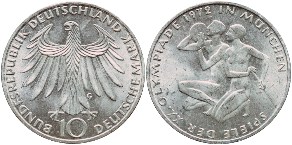 ФРГ 10 марок 1972 G, XX летние Олимпийские Игры, Мюнхен 1972, спортсмены KM 132, J. 403 серебро aUNC 1522-415