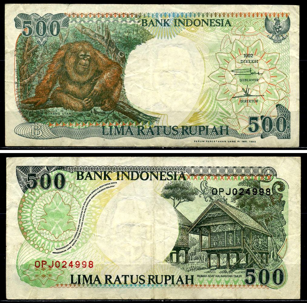 Индонезия 500 рупий 1992/1993 орангутан Pick 128b бумага 6299-11-3-2