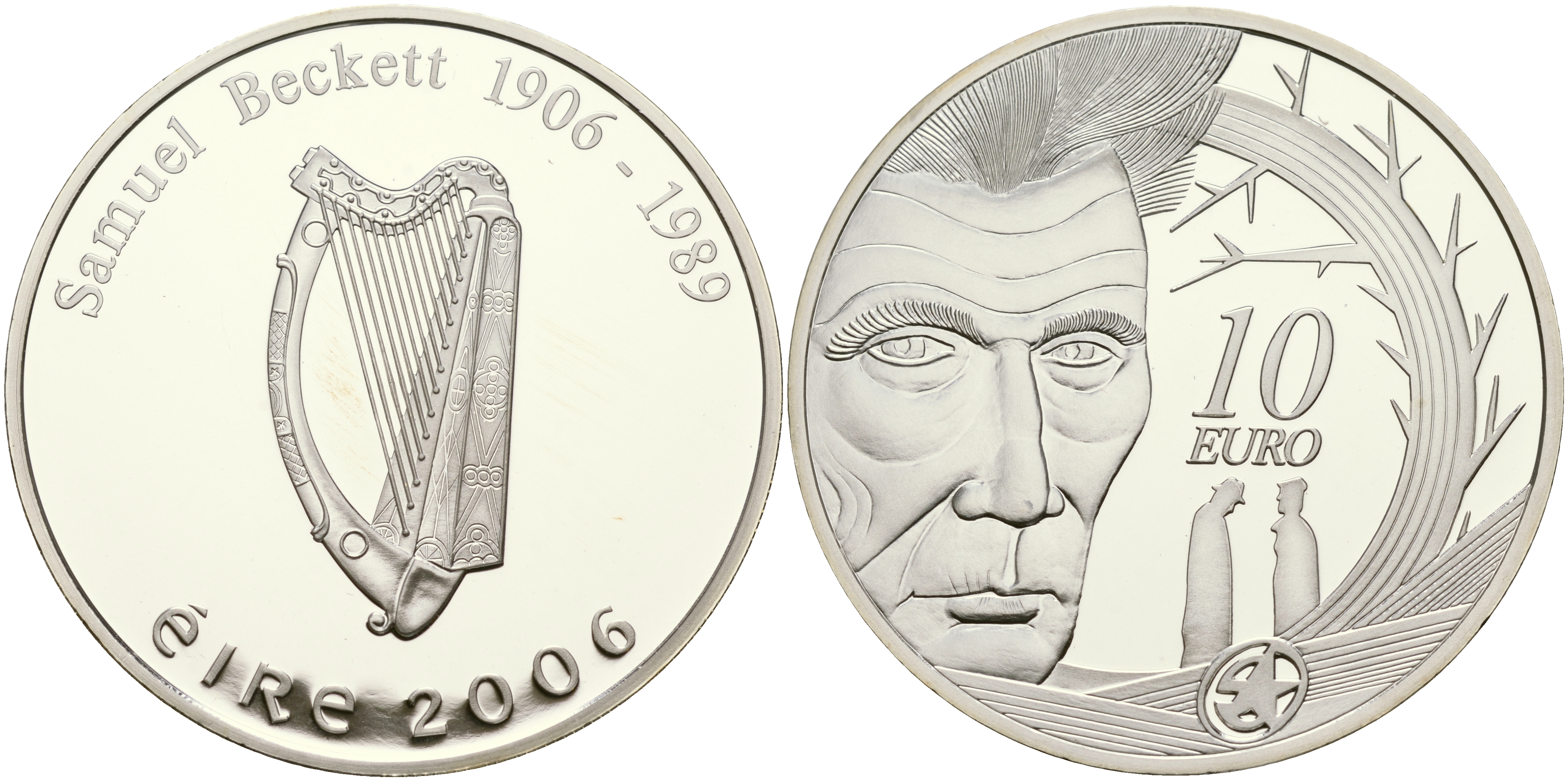 Ирландия 10 евро 2006 100 лет со дня рождения Сэмюэля Беккета, писатель, драматург, нобелевский лауреат KM 45 серебро PROOF 01-152-42