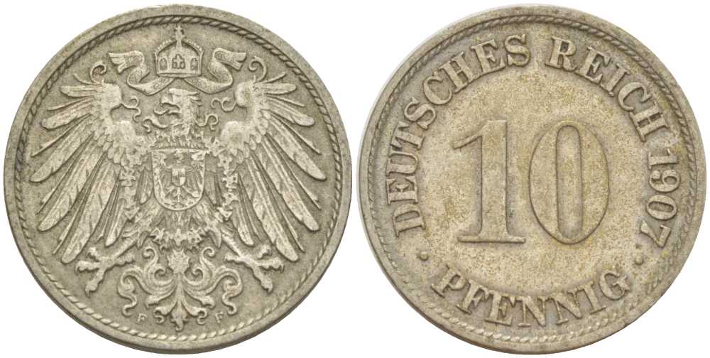 Германия 10 пфеннигов 1907 F KM 12, J. 13, Weege 8 медно-никель 259-923