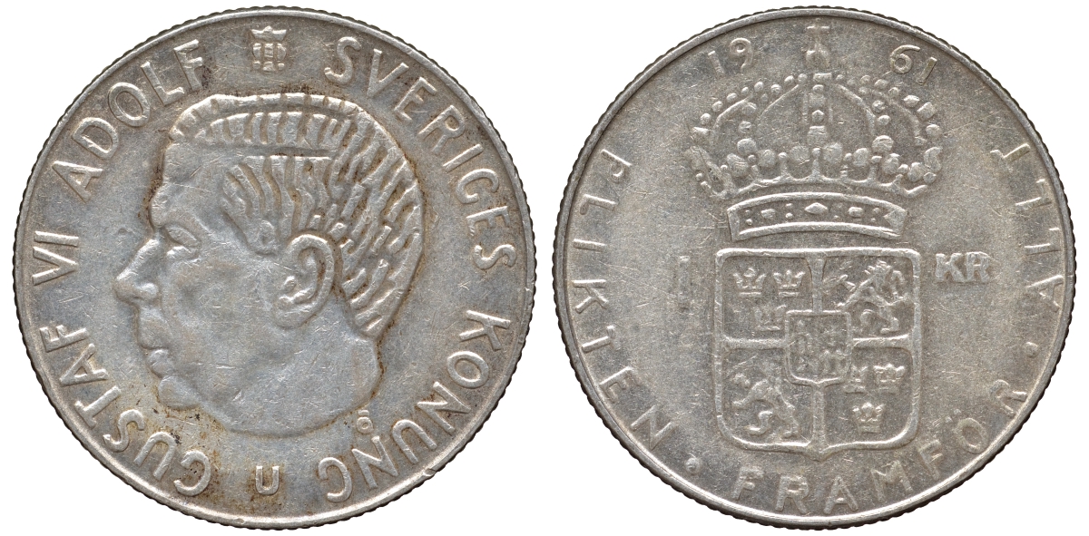 Швеция 1 крона 1961 U, Густав VI Адольф (1950-1973) KM 826 серебро 4178-744