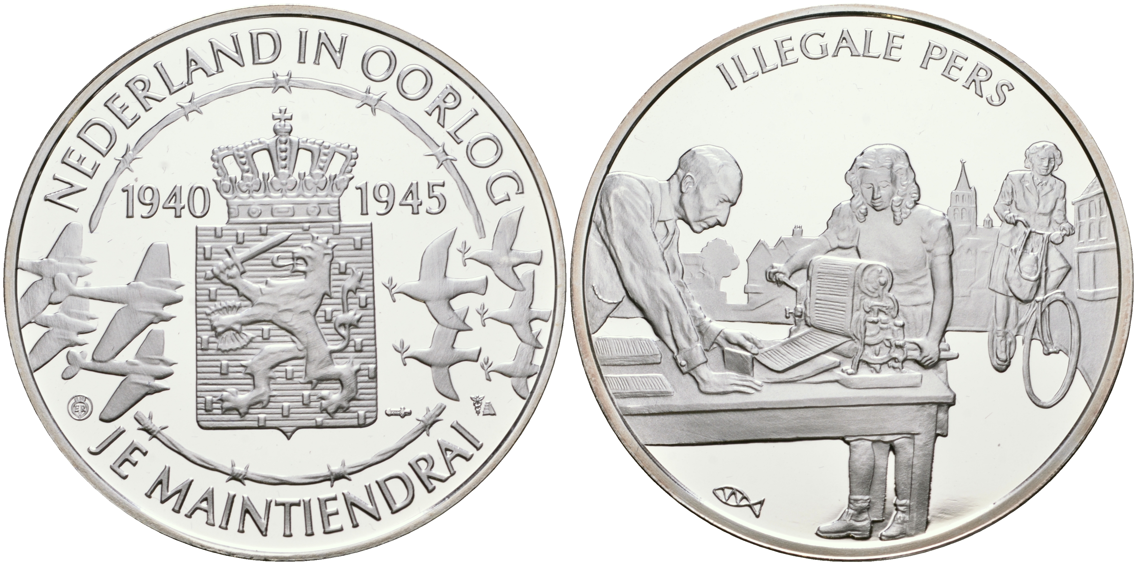 Нидерланды медаль ND Голландия в войне 1940-1945, подпольное изготовление листовок, 31,3 гр, 45,0 мм  серебро  PROOF  11-324-25