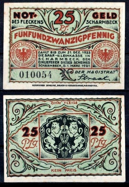 Шармбек (Пруссия, Ганновер) 25 пфеннигов 1921 Mehl Grabowski 1173.3a бумага UNC (пресс) 7553-20-3-2