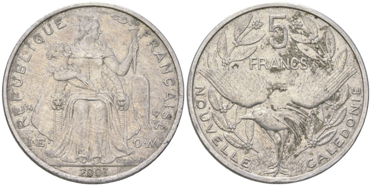 Французская Новая Каледония 5 франков 2003 птица кагу, (IEOM) KM 16, Schoen 12, Lec 81h алюминий 189-636
