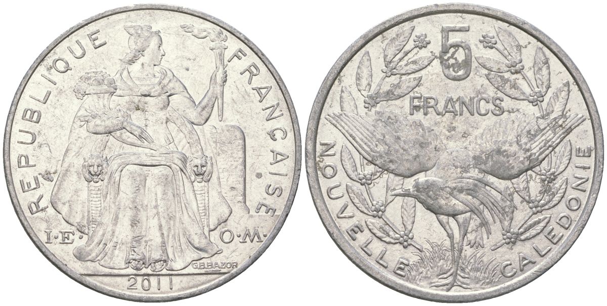 Французская Новая Каледония 5 франков 2011 птица кагу, (IEOM) KM 16, Schoen 12, Lec 81k алюминий 4111-1023